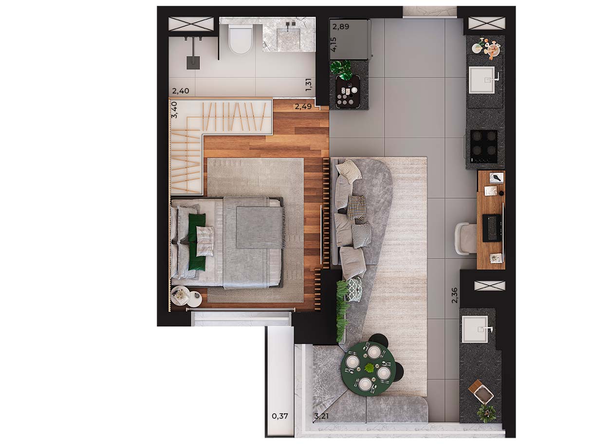 Planta tipo 37m² - 1 Suíte - Edifício Sinésio - Perspectiva ilustrada